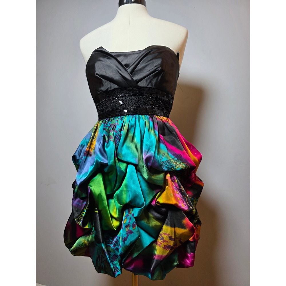 Speechless Strapless Bubble Hem Dress Black Sequin Multi Color Abstract Y2K 3
